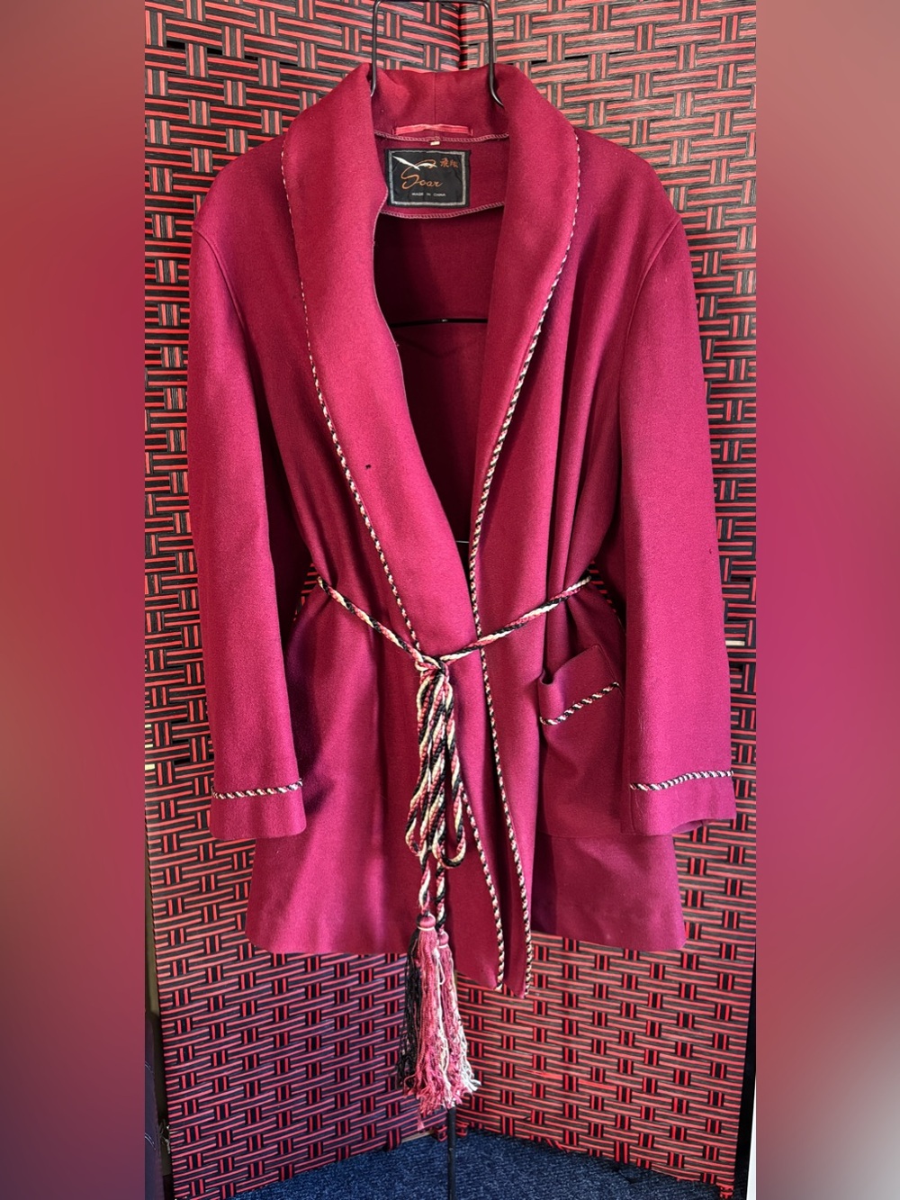 Vintage 1950’s Men’s Soar Smoking Jacket Burgundy Robe with Braided Trim